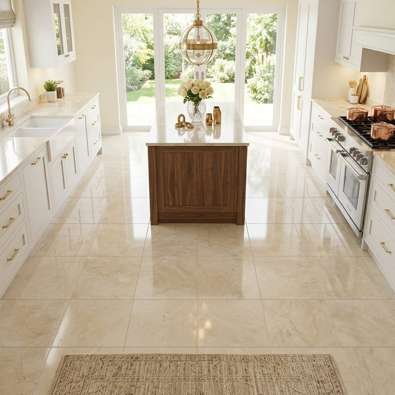 Crema Marfil Classic 12x12 Polished Marble Tile — Kitchen floor