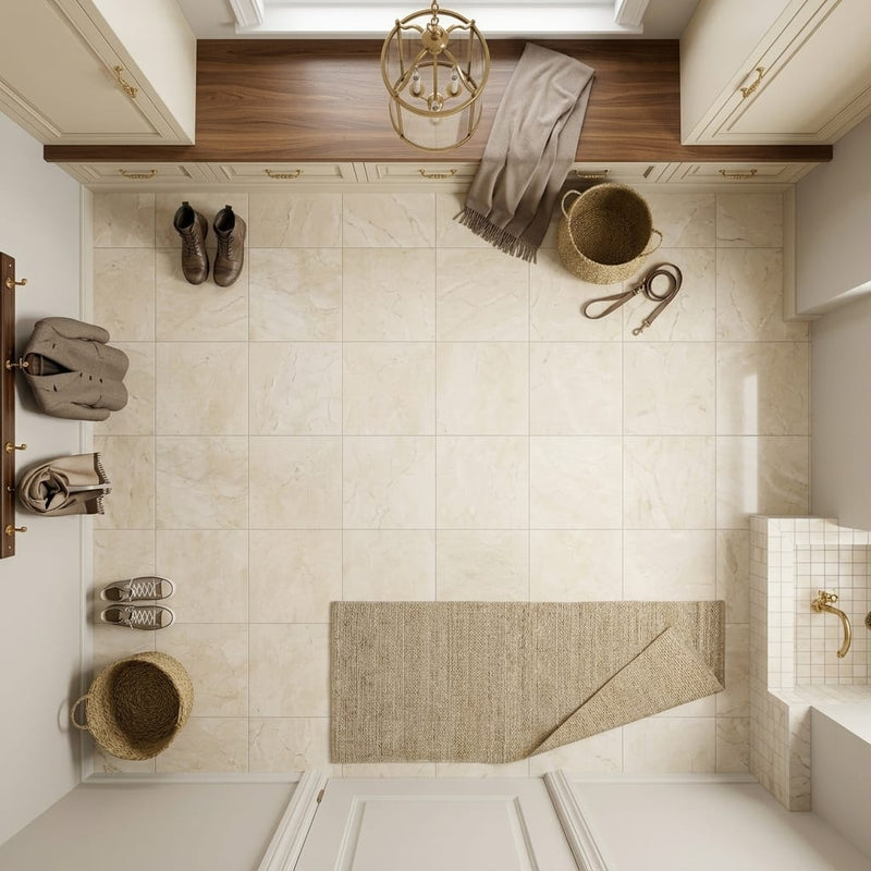 Crema Marfil Classic 12x12 Polished Marble Tile — Mudroom floor