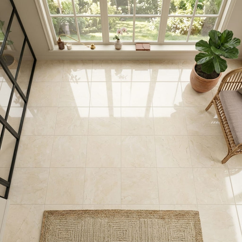 Crema Marfil Classic 12x12 Polished Marble Tile — Sunroom floor