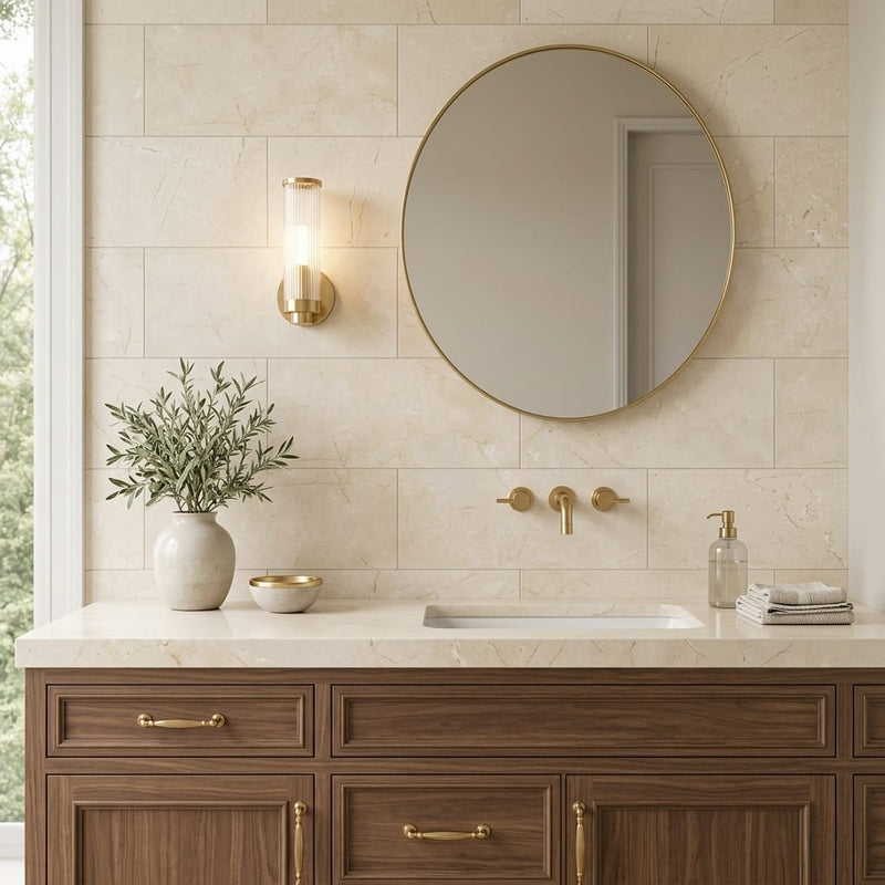Crema Marfil Classic 12x24 Honed Marble Tile — Bathroom vanity wall