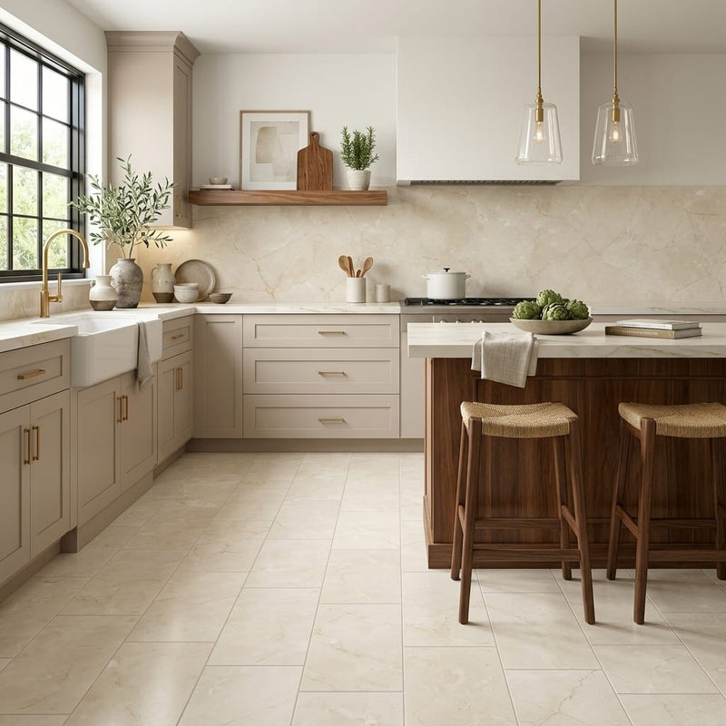 Crema Marfil Classic 12x24 Honed Marble Tile — Kitchen floor