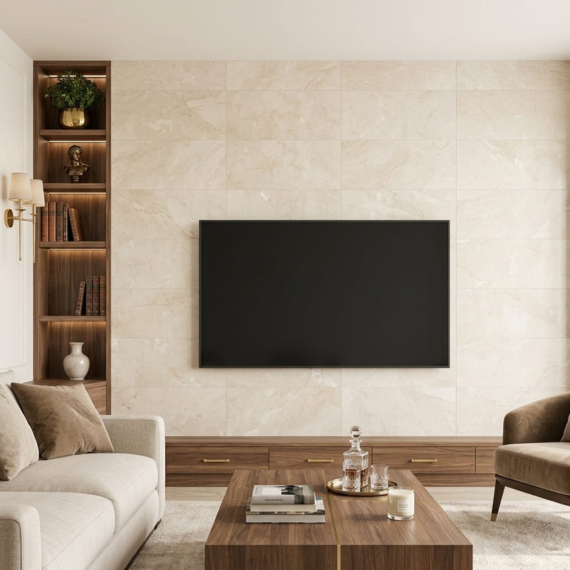 Crema Marfil Classic 12x24 Honed Marble Tile — Living Room feature wall