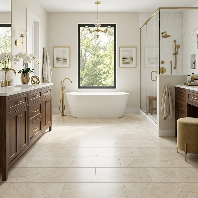 Crema Marfil Classic 12x24 Honed Marble Tile — Primary Bath floor