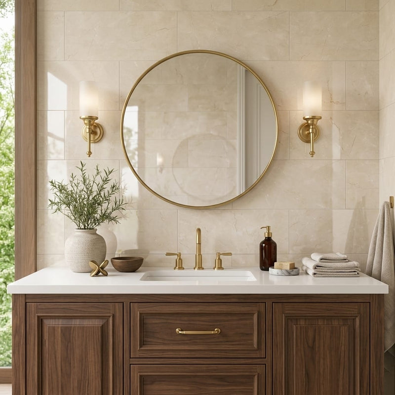 Crema Marfil Classic 12x24 Polished Marble Tile — Bathroom vanity wall