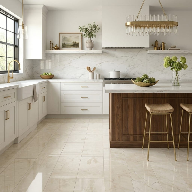 Crema Marfil Classic 12x24 Polished Marble Tile — Kitchen floor