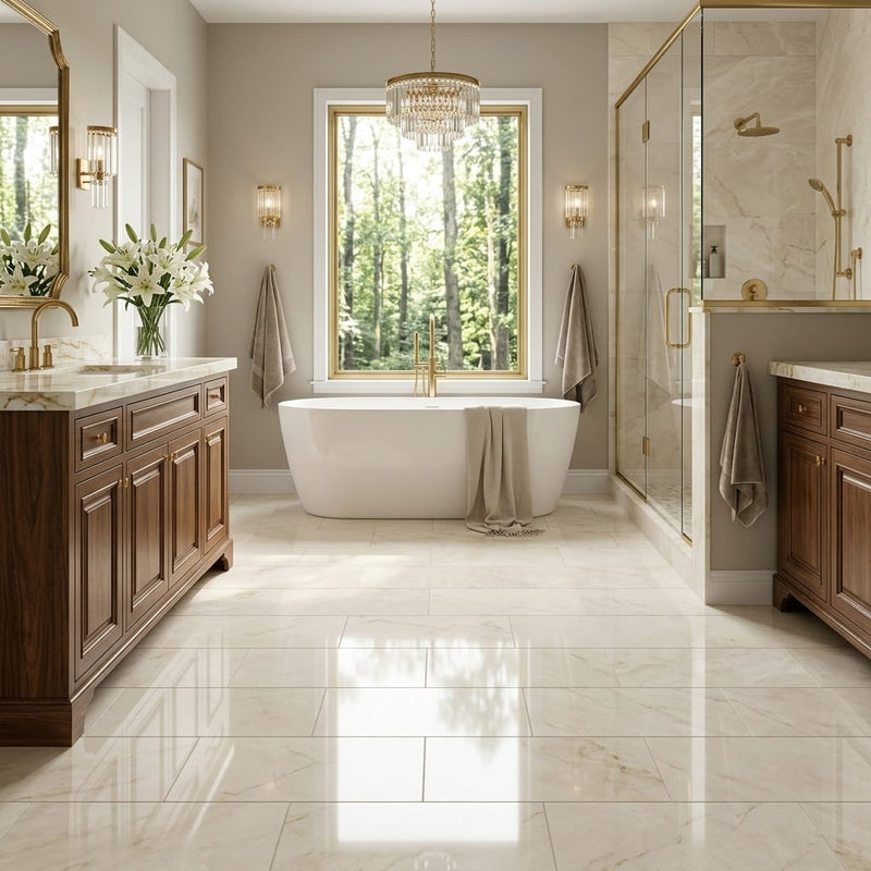 Crema Marfil Classic 12x24 Polished Marble Tile — Primary Bath floor