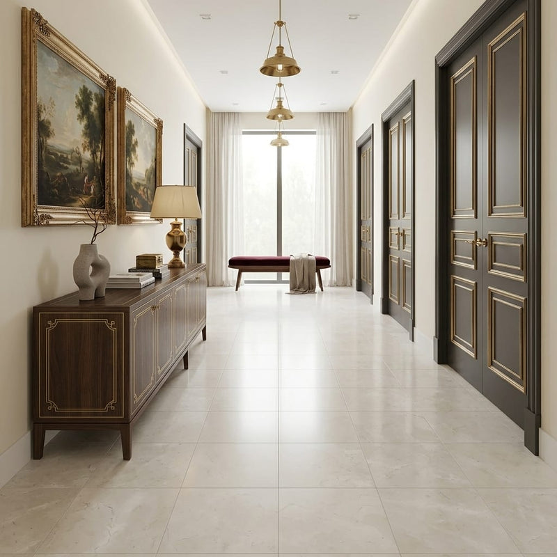 Crema Marfil Classic 18x18 Honed Marble Tile — Hallway floor