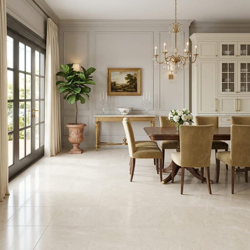 Crema Marfil Classic 18x18 Honed Marble Tile — Living Room floor