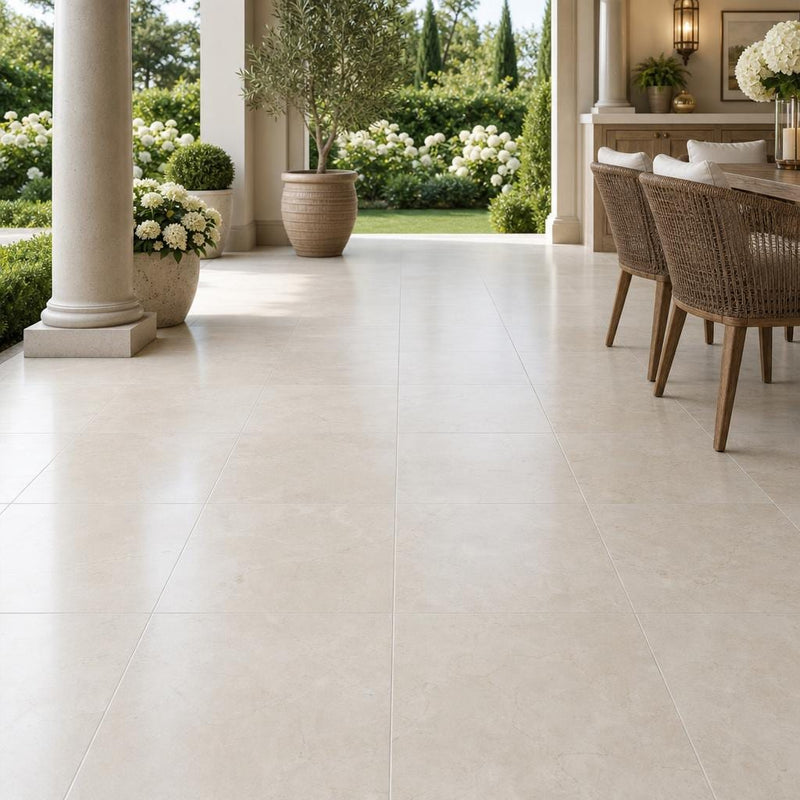 Crema Marfil Ivory Select 18x18 Natural Veined Marble Tile — Covered Patio floor