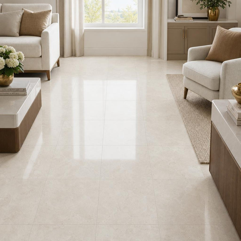 Crema Marfil Ivory Select 18x18 Natural Veined Marble Tile — Family Room floor