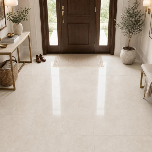 Crema Marfil Ivory Select 18x18 Natural Veined Marble Tile — Foyer floor