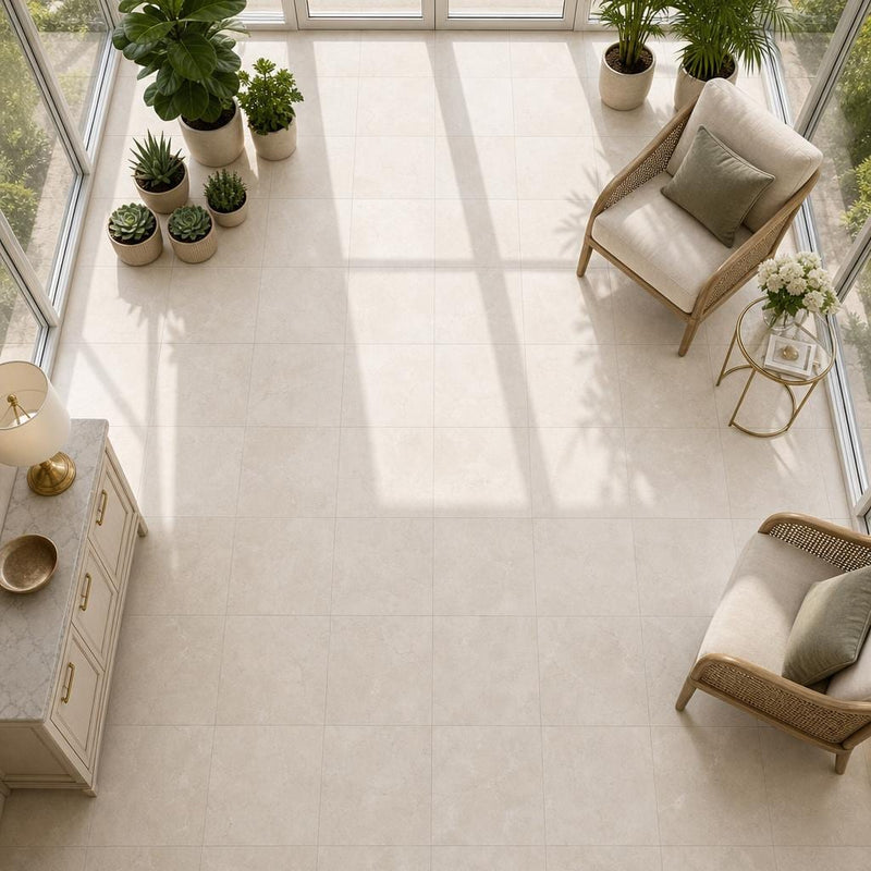 Crema Marfil Ivory Select 18x18 Natural Veined Marble Tile — Sunroom floor