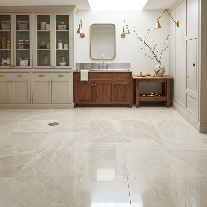 Crema Marfil Marble Tile 12x12 Polished — Basement floor