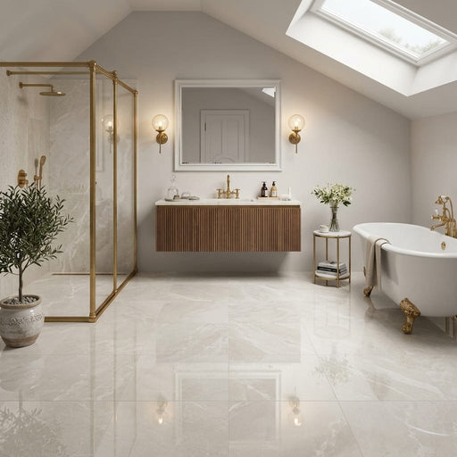 Crema Marfil Marble Tile 12x12 Polished — Bathroom floor
