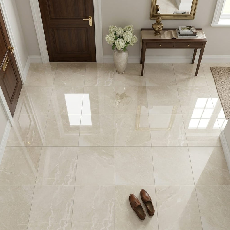 Crema Marfil Marble Tile 12x12 Polished — Foyer floor