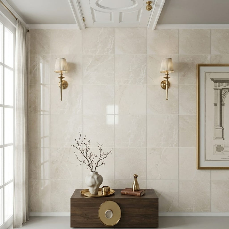 Crema Marfil Marble Tile 12x12 Polished — Hallway floor