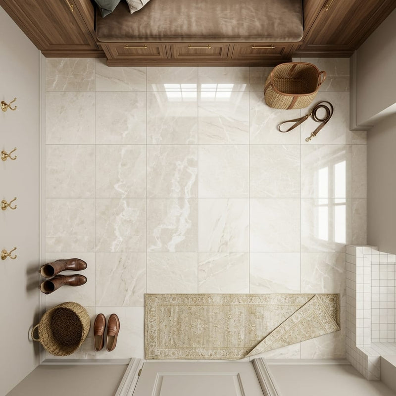 Crema Marfil Marble Tile 12x12 Polished — Mudroom floor