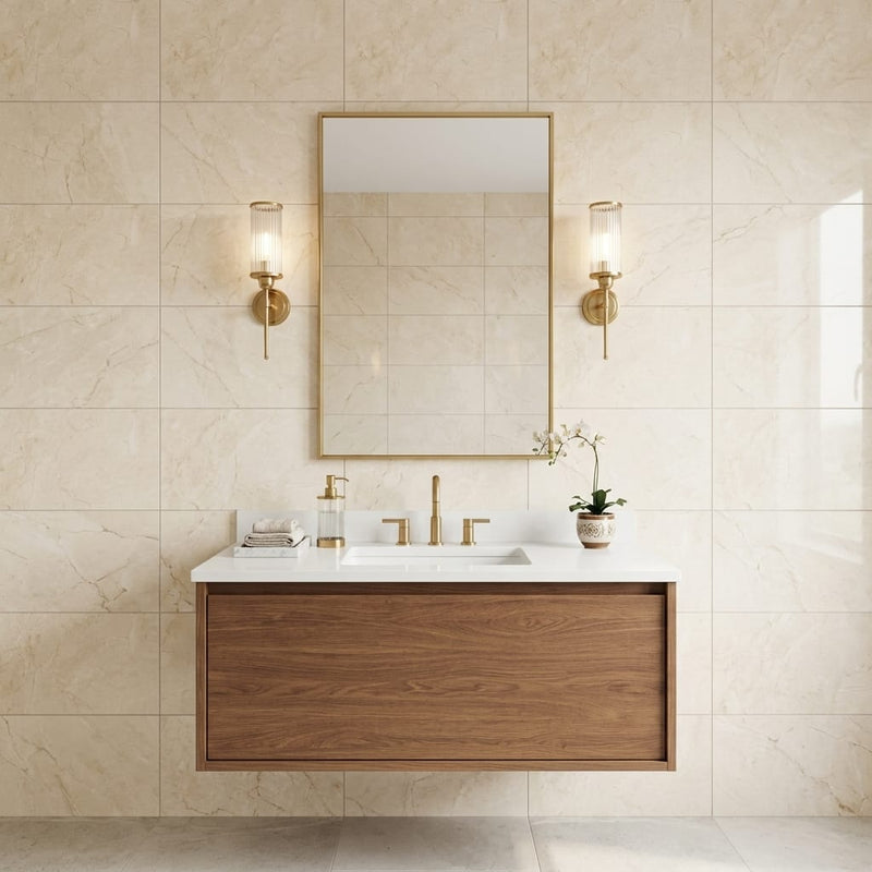 Crema Marfil Marble Tile 16x24 Polished 3/4 inch — Bathroom vanity wall