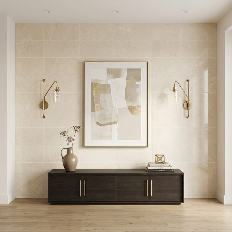 Crema Marfil Marble Tile 16x24 Polished 3/4 inch — Living Room feature wall