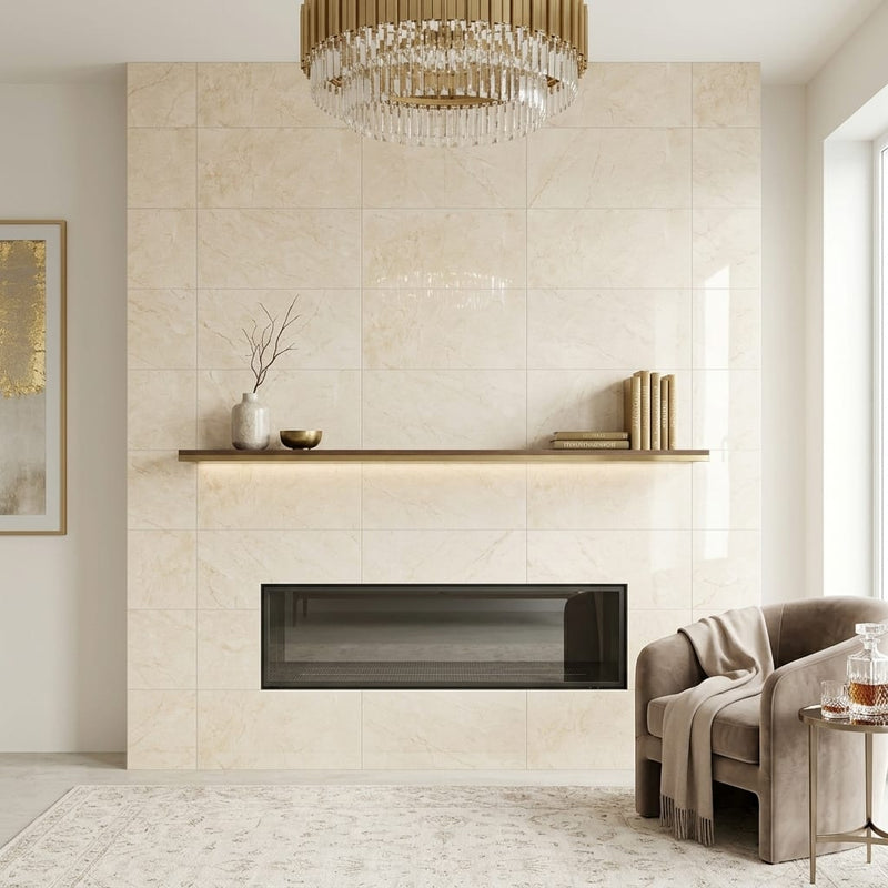 Crema Marfil Marble Tile 16x24 Polished 3/4 inch — Living Room fireplace surround