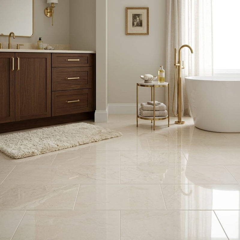 Crema Marfil Marble Tile 16x24 Polished 3/4 inch — Primary Bath floor