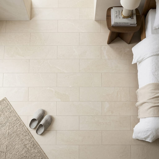 Crema Marfil Natural Stone Tile 8x24 Honed 3/8 inch — Bedroom floor
