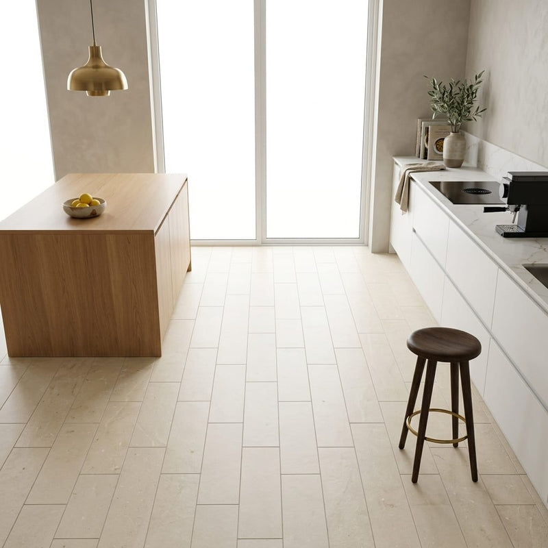 Crema Marfil Natural Stone Tile 8x24 Honed 3/8 inch — Kitchen floor