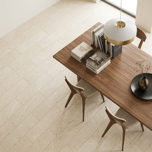 Crema Marfil Natural Stone Tile 8x24 Honed 3/8 inch — Living Room floor