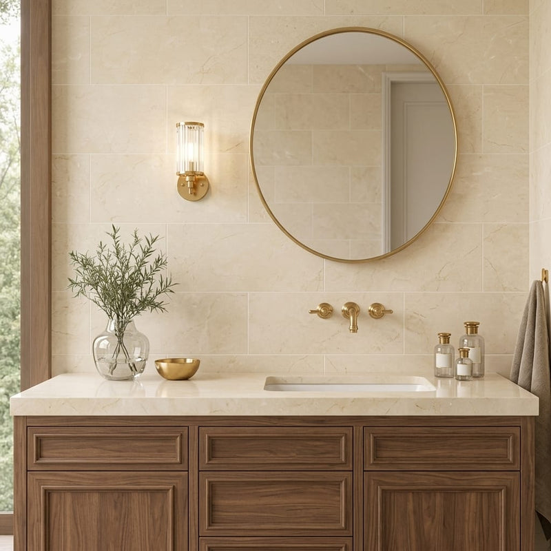 Crema Marfil Select 23.75x12 Honed Marble Tile 12x24 — Bathroom vanity wall