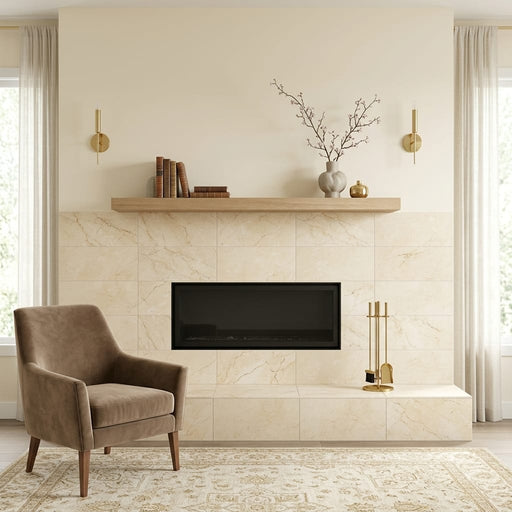 Crema Marfil Select 23.75x12 Honed Marble Tile 12x24 — Living Room fireplace surround