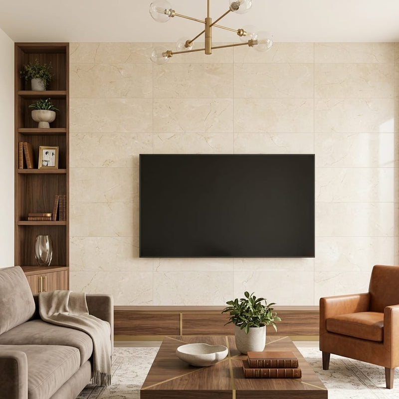 Crema Marfil Select Marble Tile 12x24 Honed — Living Room feature wall