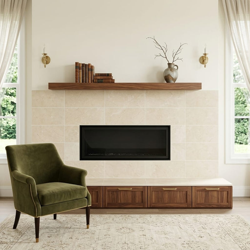 Crema Marfil Select Marble Tile 12x24 Honed — Living Room fireplace surround