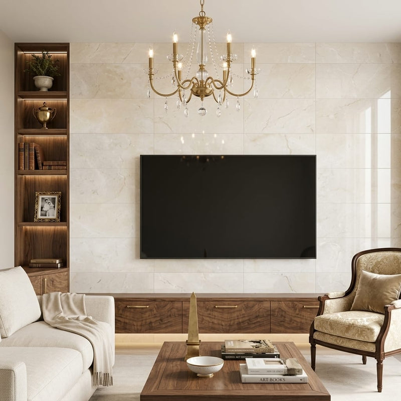 Crema Marfil Select Marble Tile 12x24 Polished — Living Room feature wall