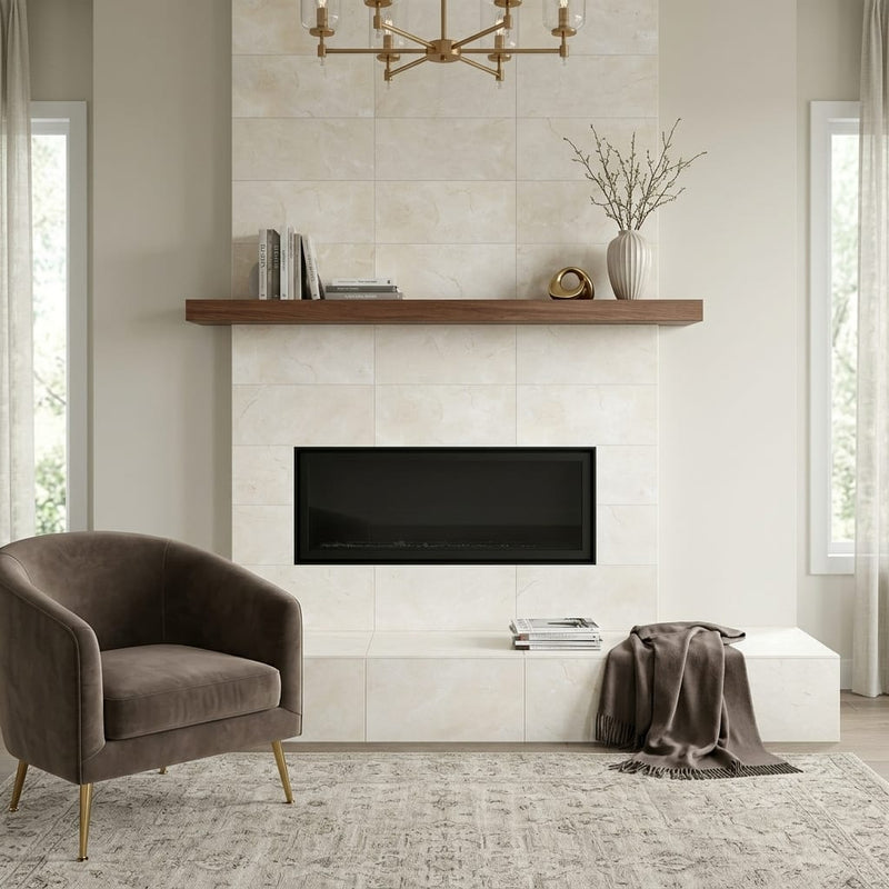 Crema Marfil Select Marble Tile 12x24 Polished — Living Room fireplace surround
