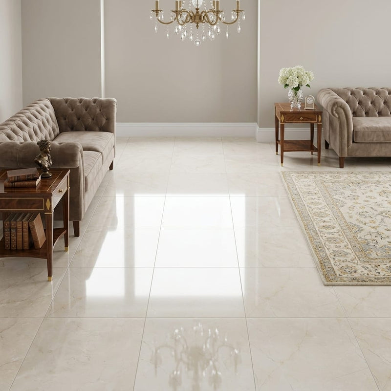 Crema Marfil Select Marble Tile 18x18 Polished — Family Room floor