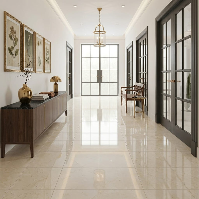 Crema Marfil Select Marble Tile 18x18 Polished — Hallway floor