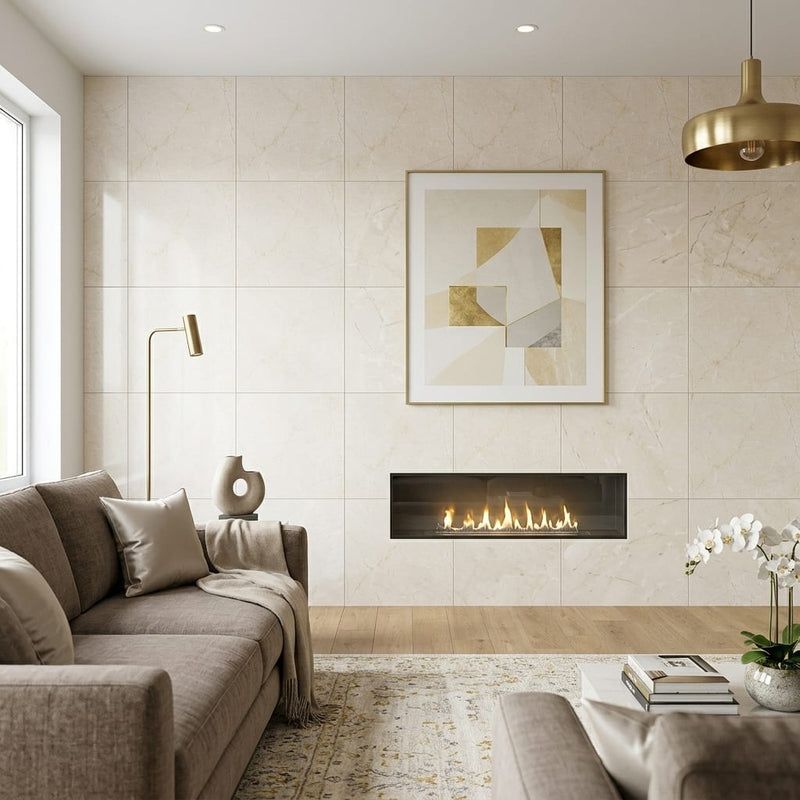 Crema Marfil Select Marble Tile 24x24 Honed — Living Room feature wall