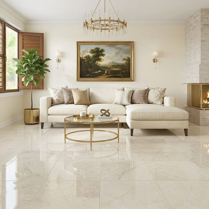 Crema Marfil Select Marble Tile 24x24 Polished — Living Room floor