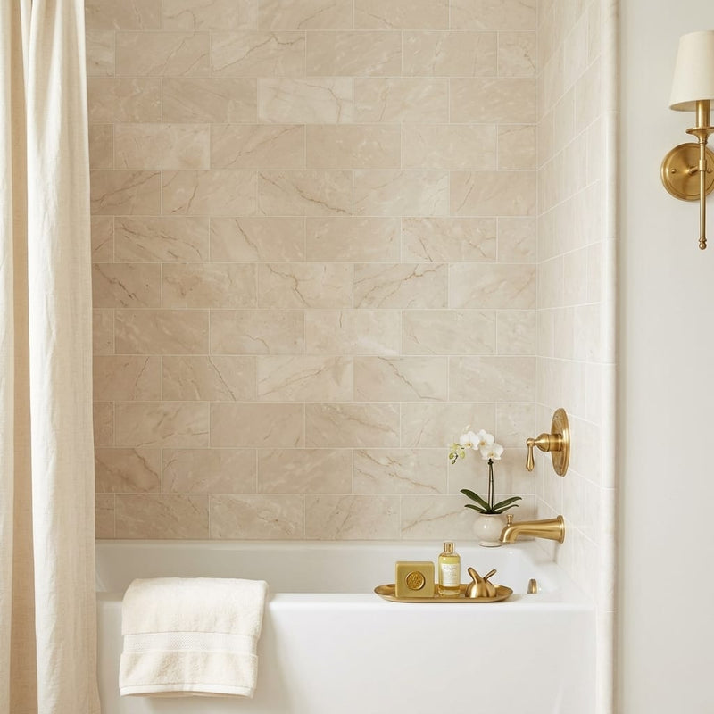 Crema Marfil Select Marble Tile 3x6 Honed — Bathroom tub surround edge