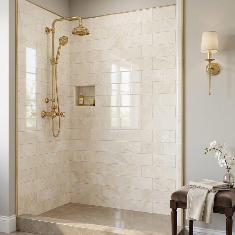 Crema Marfil Select Marble Tile 3x6 Polished — Bathroom shower wall edge