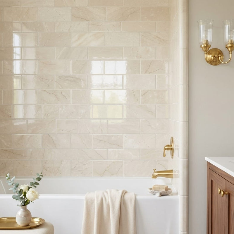 Crema Marfil Select Marble Tile 3x6 Polished — Bathroom tub surround edge