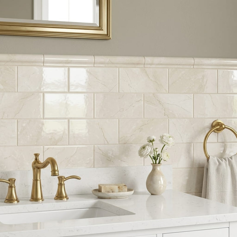 Crema Marfil Select Marble Tile 3x6 Polished — Bathroom wainscot cap