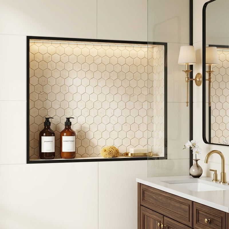 Crema Marfil (Spanish) Marble 1x1 Cream Honed Hexagon Mosaic — Bathroom niche