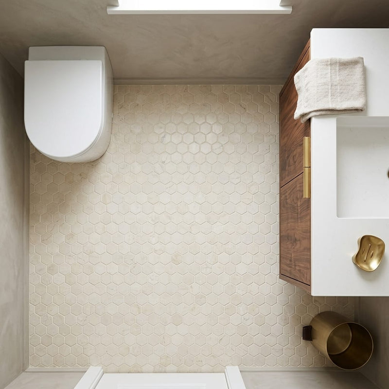 Crema Marfil (Spanish) Marble 1x1 Cream Honed Hexagon Mosaic — Powder Room floor
