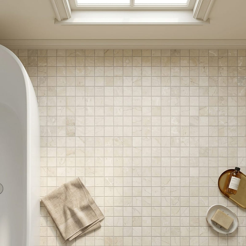 Crema Marfil (Spanish) Marble 1x1 Cream Honed Mosaic — Bathroom floor