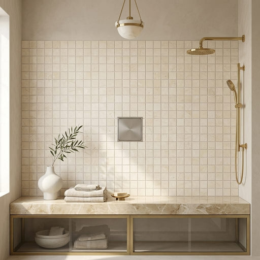 Crema Marfil (Spanish) Marble 1x1 Cream Honed Mosaic — Bathroom shower floor