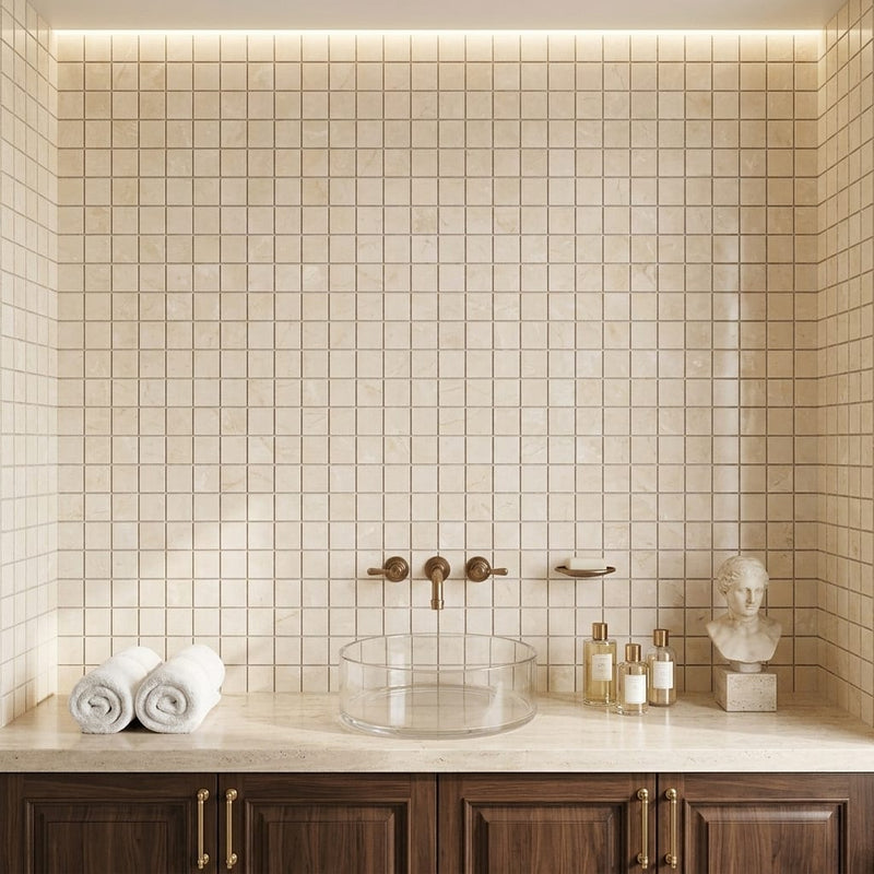 Crema Marfil (Spanish) Marble 1x1 Cream Honed Mosaic — Spa spa interior