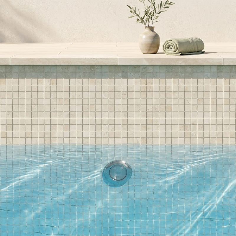 Crema Marfil (Spanish) Marble 1x1 Cream Honed Mosaic — Swimming Pool pool interior tiling