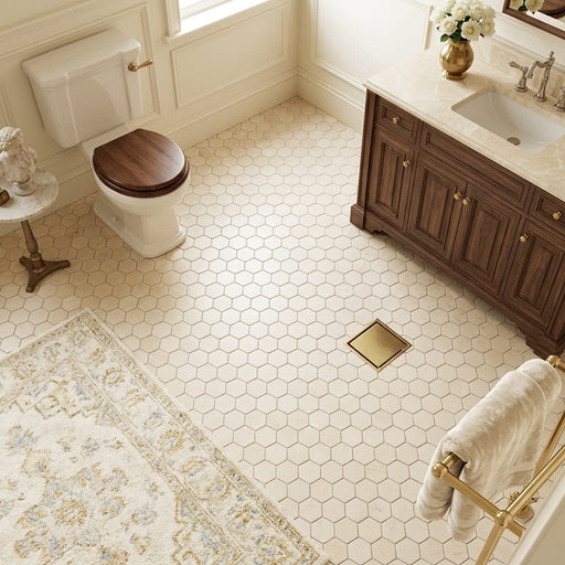 Crema Marfil (Spanish) Marble 1x1 Cream Tumbled Hexagon Mosaic — Bathroom floor