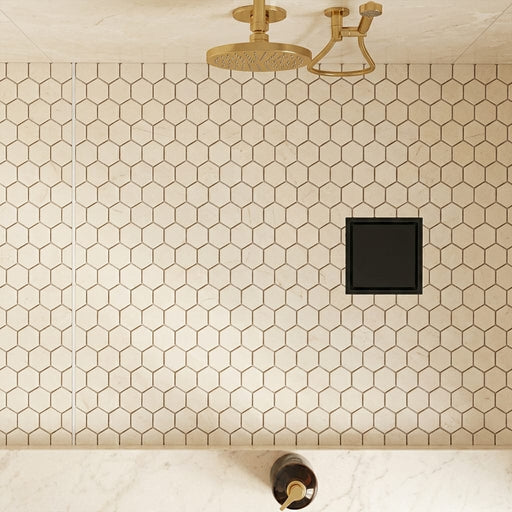 Crema Marfil (Spanish) Marble 1x1 Cream Tumbled Hexagon Mosaic — Bathroom shower floor